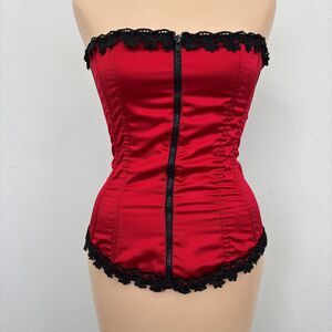 Shirley Hollywood Y2K Red Satin Corset Small Zipper Front Lace Detail Whimsigoth